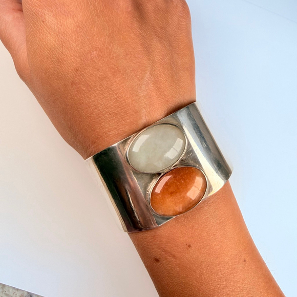 Artisan BIG Orange & Pale Jade Handmade 35mm Wide Sterling Silver Cuff Bracelet - Picture 5 of 11